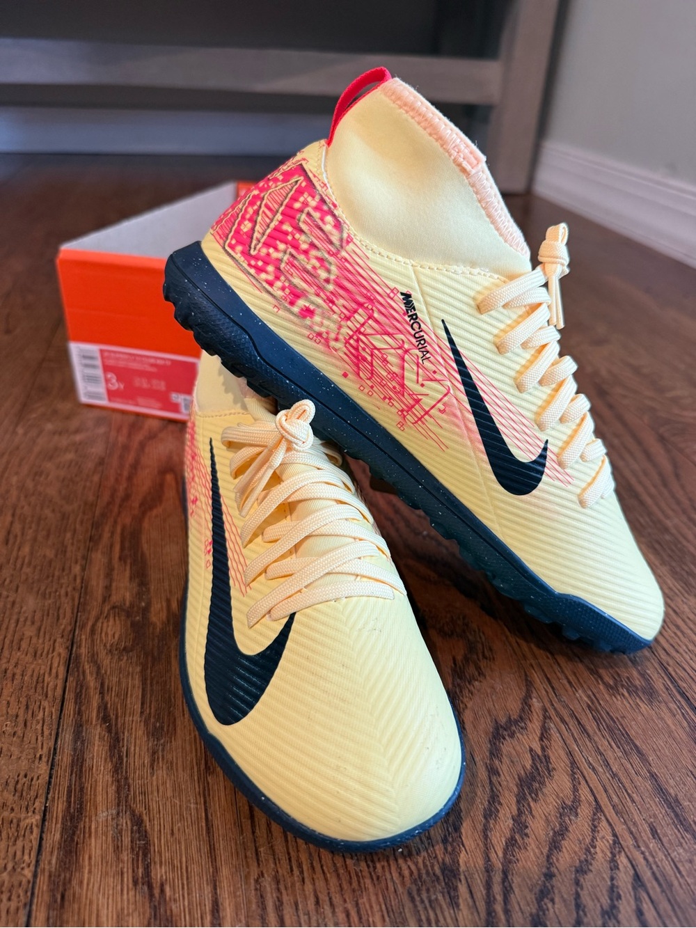 Nike Kids Yellow and Pink Mercurial Turf Sneakers with Black Swoosh